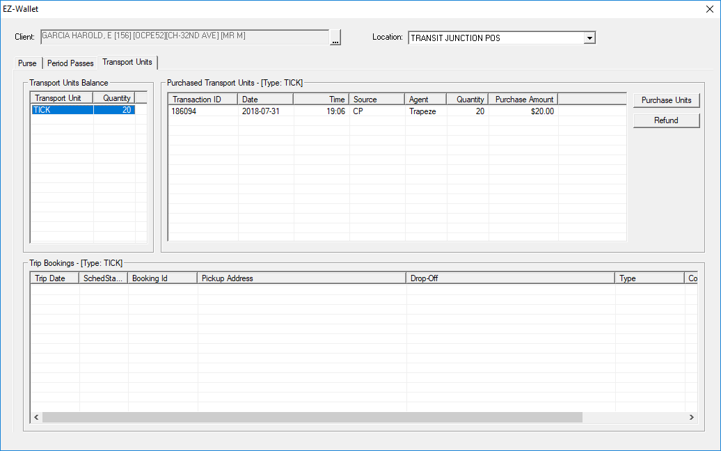 EZ-Wallet open to the Transport Units tab.