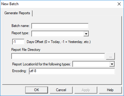 The New Batch dialog box open to the Generate Reports tab with the available fields shown.