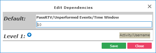 The Edit Dependencies dialog box for the PassRTV/Unperformed Events/Time Window context property. 10 is set as the Default amount.