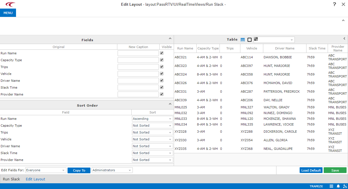 The Edit Layout screen for Run Slack view, featuring Fields, Table, and Sort Order panes.