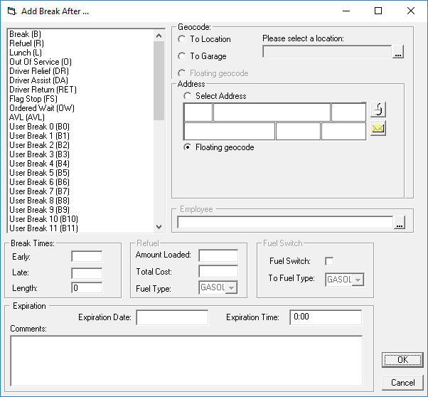 The Add Break After dialog box. All fields are empty.
