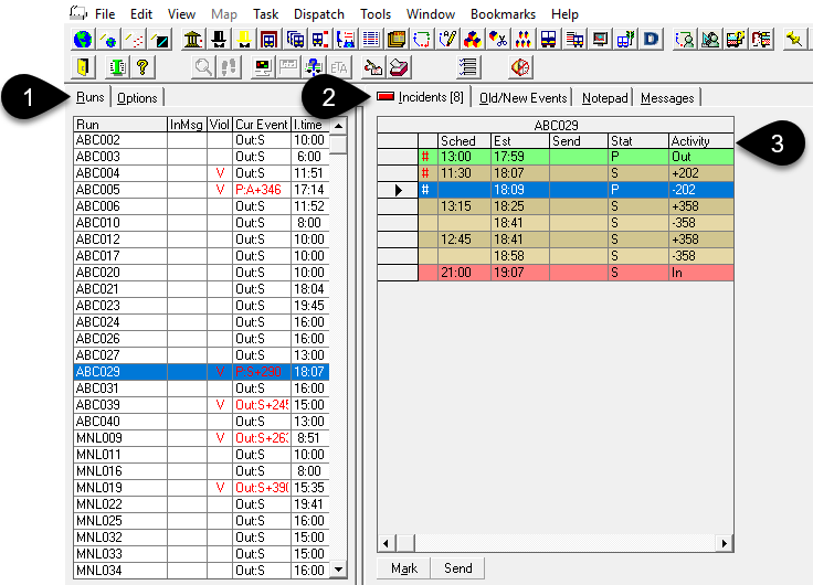 The Runs tab and Incidents tab in Dispatch Manager with numbered call-outs. The call-outs are defined below the image.