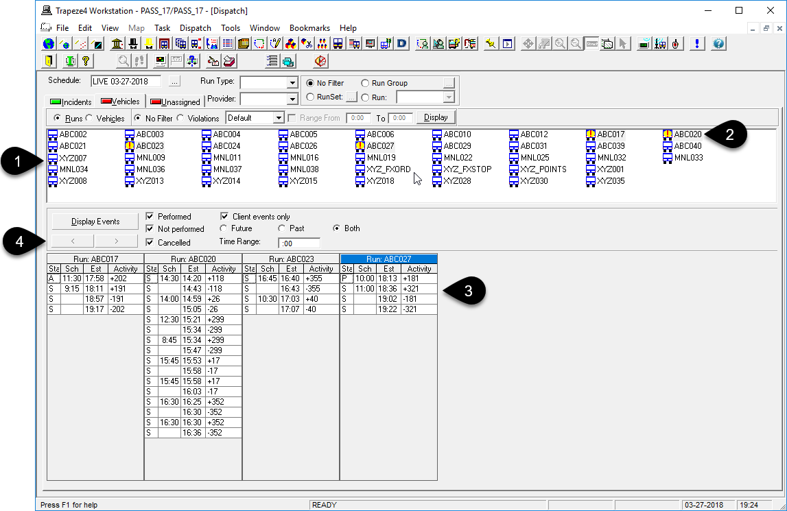 The Unassigned tab in Dispatch with numbered call-outs. The call-outs are defined below the image.