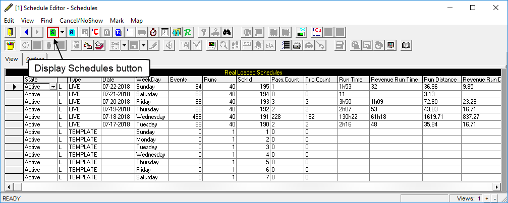 Schedule Editor open to Schedules view with a call-out pointing to the Display Schedules button.