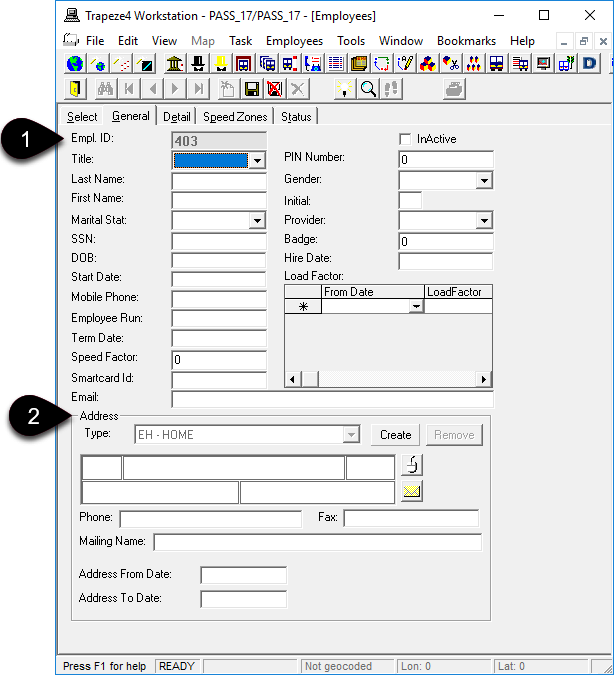 The General tab in Employees with numbered call-outs. The call-outs are defined below the image.