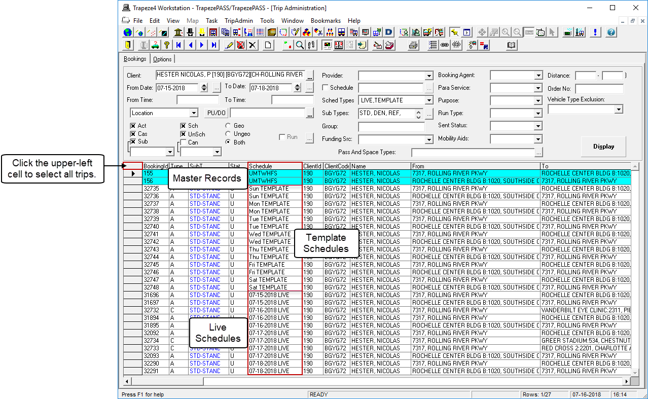 Trip Administration with call-outs for the upper-left cell in the grid, which can be used to select all trips in the grid, master records, Template schedules, and Live schedules.