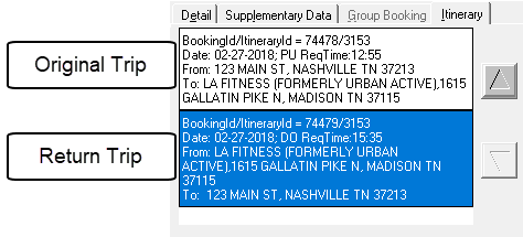 Trip Booking's Itinerary tab showing call-outs for linked original and return trips.