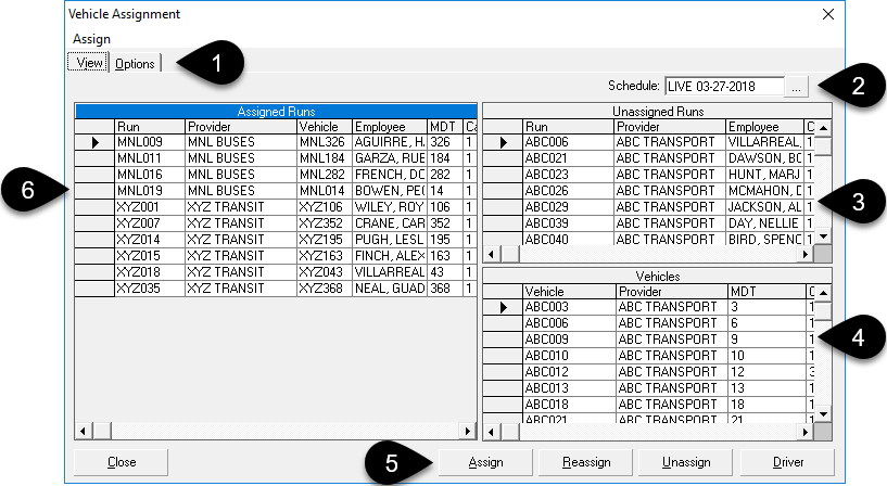 The View tab in the Vehicle Assignment dialog box with numbered call-outs. The call-outs are defined below the image.