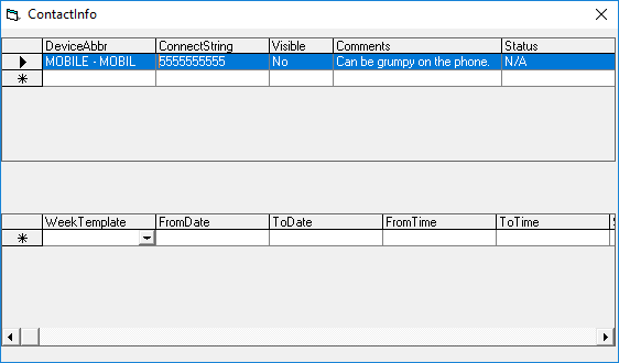 The ContactInfo dialog box with the first line in the top grid highlighted.