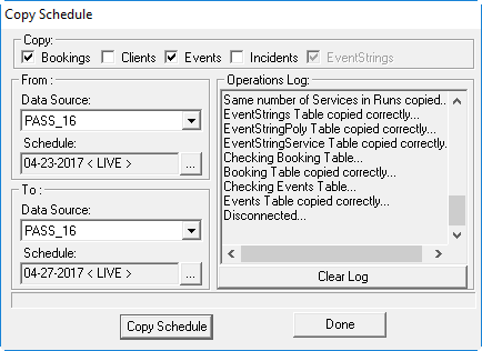 The Copy Schedule dialog box with two different Schedules defined for the same Data Source.