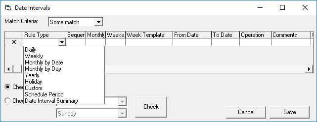 The Date Intervals dialog box showing the Rule Type drop-down list options.