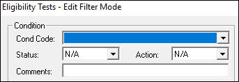 The Eligibility Tests - Edit Filter Mode dialog box. The Cond Code field is highlighted.