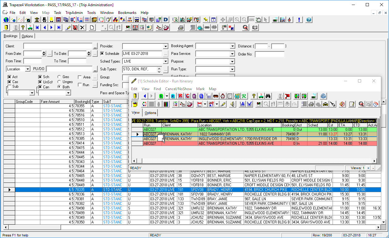 Trip Administration is visible in the Trapeze4 Workstation and Schedule Editor's Run Itinerary view is visible on top. The mouse pointer looks like a stack of papers as a trip is dragged from Trip Administration to the Run Itinerary.