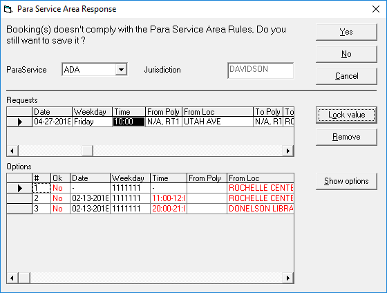 The Para Service Area Response dialog box shows information about compliance with rules for the ADA ParaService type.