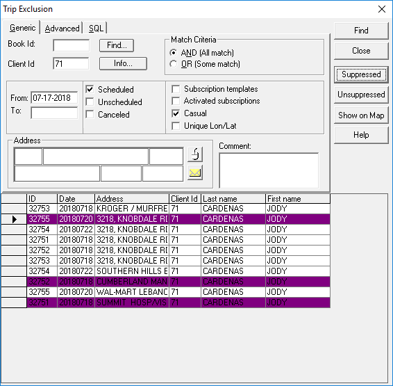 The Trip Exclusion dialog box showing suppressed trips in a specific color (in this case, purple).