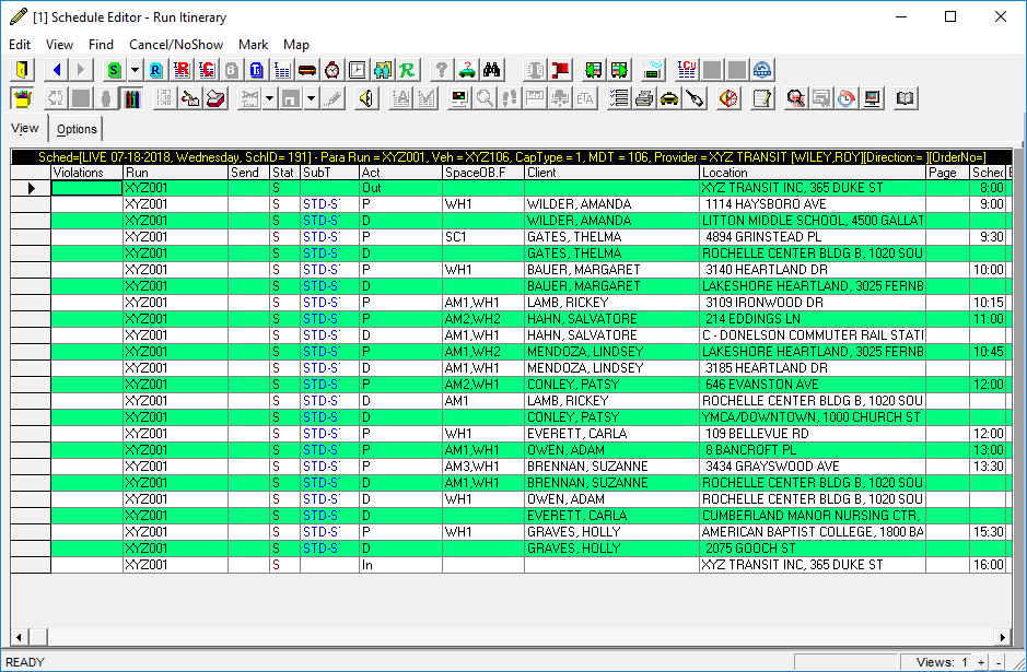 Schedule Editor's Run Itinerary view after Zebra mode was applied.