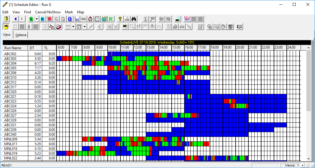 Schedule Editor's graphical view. Time is marked in quarter hour segments for different run activities.