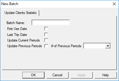 The New Batch dialog box open to the Update Client Statistic tab. No options are defined.