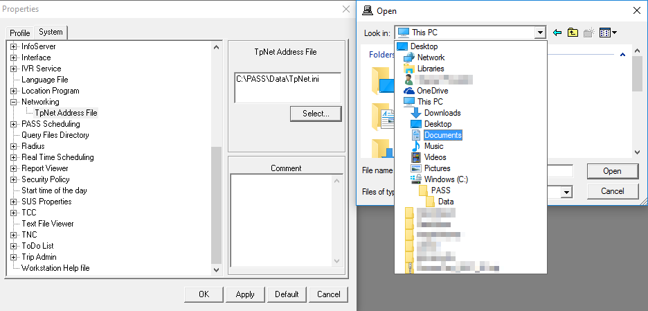 The Properties dialog box for system properties open to the System tab with the TpNet Address File property selected. Select has been clicked and the Open dialog box shows a list of Look in options.