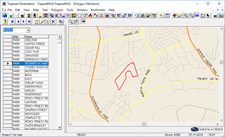 Polygon Definition with Park polygons listed and the Richard W. Hartman polygon selected.