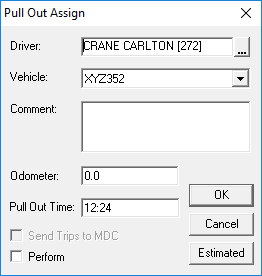 The Pull Out Assign dialog box with a Driver, Vehicle, and Pull Out Time defined.