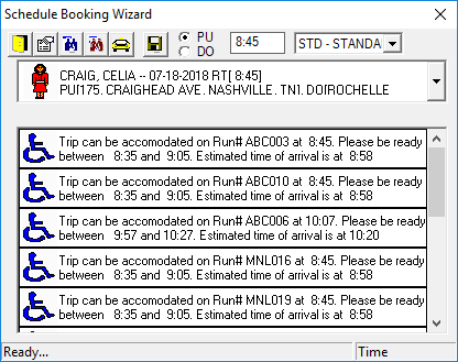 The Quick Schedule Booking Wizard showing the trip to be scheduled and four scheduling options.