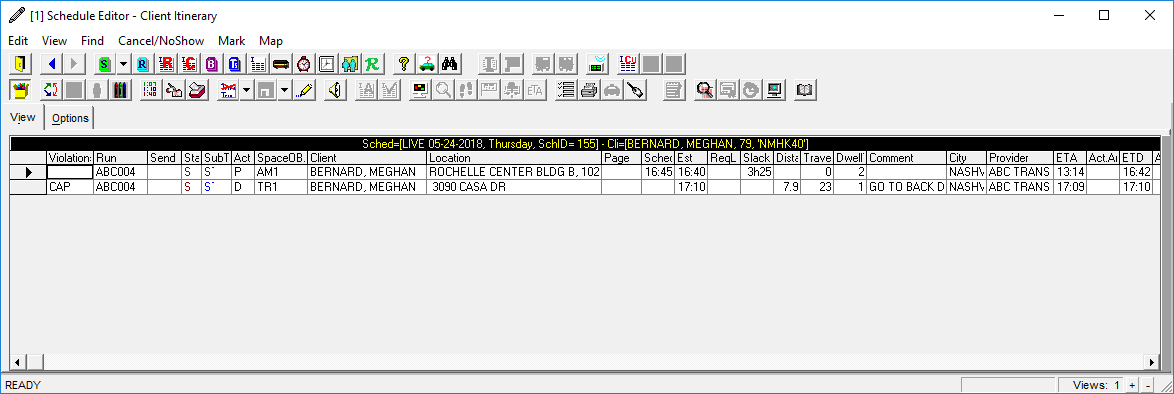 Schedule Editor's Client Itinerary view shows client scheduled events for a selected schedule.