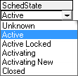 The SchedState column with the drop-down list visible. Active is selected.