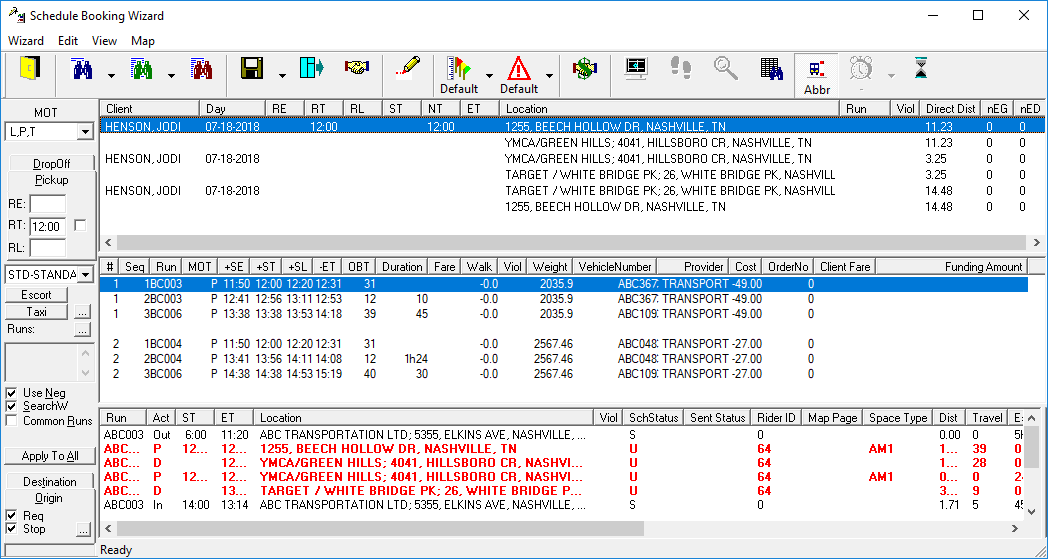 Schedule Booking Wizard showing linked trips in the top view.