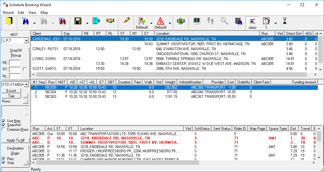 Schedule Booking Wizard showing trips (for four passengers) listed in the top pane.