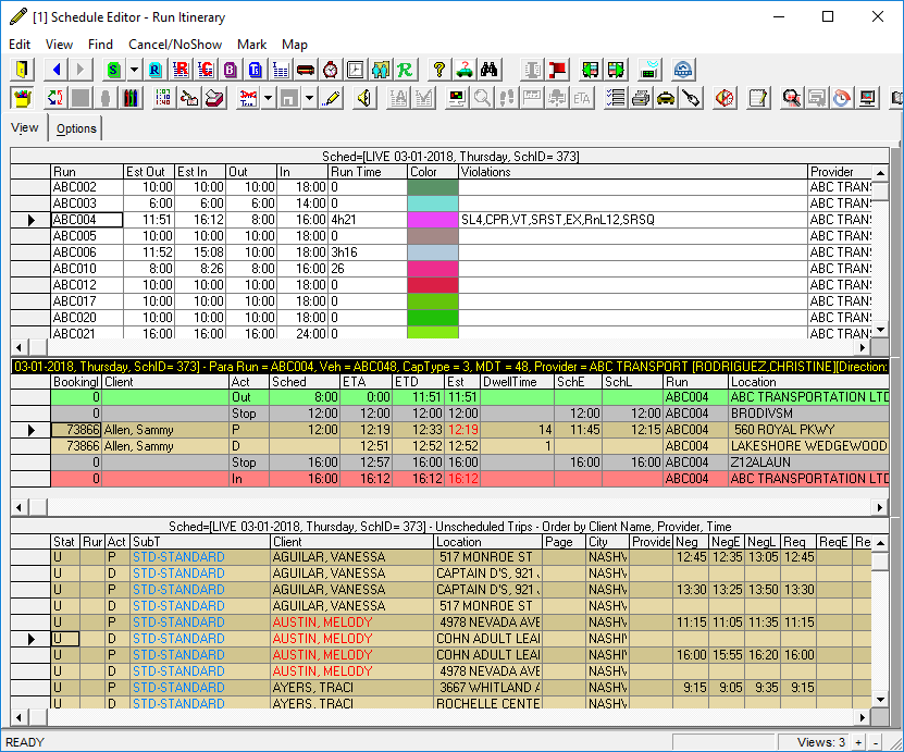 Schedule Editor with three views open: Runs view, Run Itinerary view, and Unscheduled Trips view.