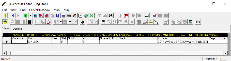 Schedule Editor's Flag Stops view with one visible flag stop event.