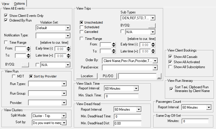 The Options tab showing settings frames for each of the Schedule Editor views.