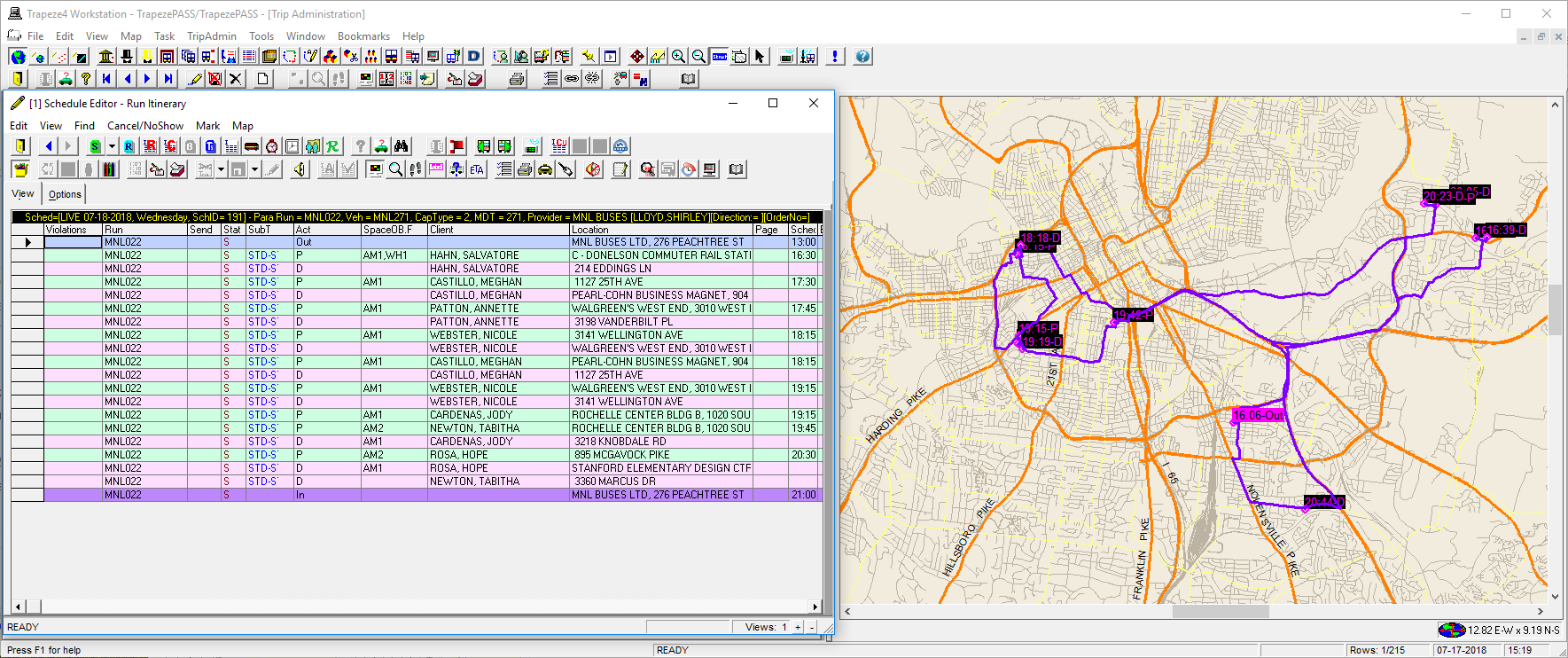 Schedule Editor's Run Itinerary view with events visible on the system map.