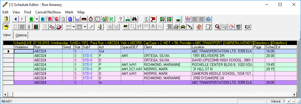 Schedule Editor's Run Itinerary view with events colored as outlined in the example.