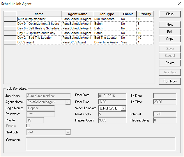 The Schedule Job Agent dialog box. Various jobs are visible in the grid.