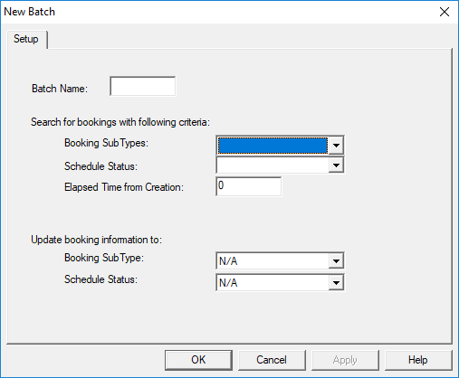The New Batch dialog box with the Setup tab open. No options are selected.