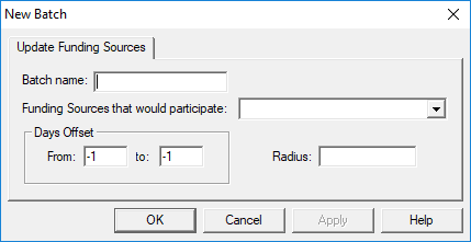 The New Batch dialog box open tot the Update Finding Sources tab. No options are defined.