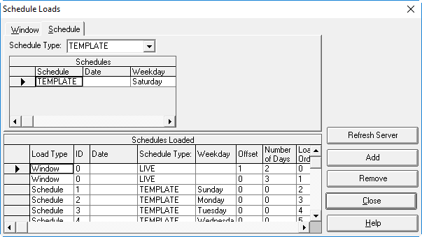 The Schedule Loads dialog box with the Schedule Type TEMPLATE defined and both LIVE and TEMPLATE schedule types in the Schedules Loaded grid.