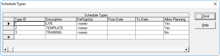 The Schedule Types dialog box with three schedule types defined: LIVE, TEMPLATE, and TRAINING.