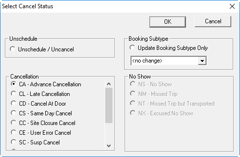 The Select Cancel Status dialog box with CA - Advance Cancellation selected in the Cancellation frame