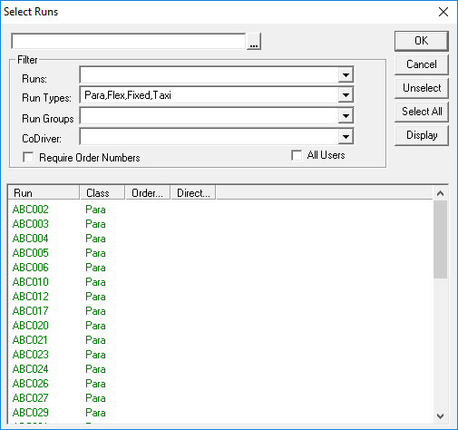 The Select Runs dialog showing runs for the Para, Flex, Fixed, and Taxi run types.