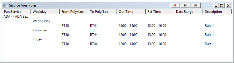 The Service Area Rules dialog box shows rules for the ADA ParaService.