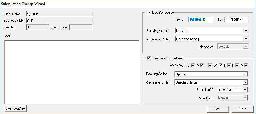 The Subscription Change Wizard with Live Schedules and Template Schedules selected.
