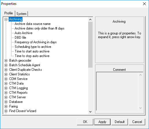 The Properties dialog box for system properties open to the Profile tab with the Archiving property selected.