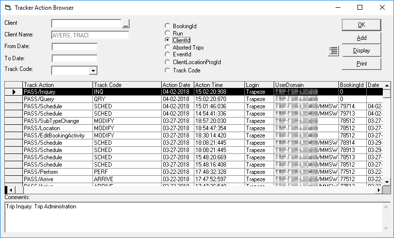 The Tracker Action Browser dialog box with ClientId selected and results for client Traci Ayers visible.