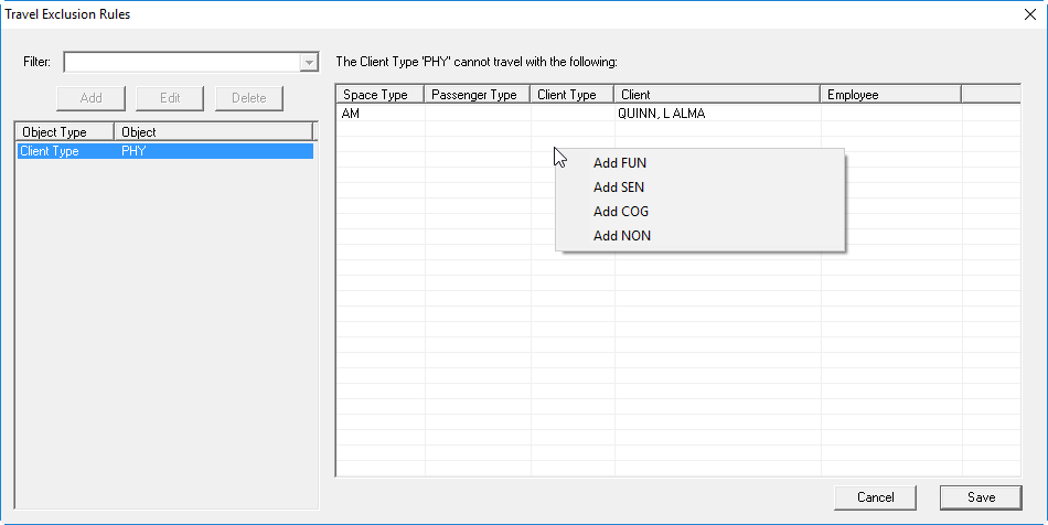 The Travel Exclusion Rules dialog box after adding a Client Type rule for PHY clients and right-clicking in the rules grid. Add FUN, Add SEN, Add COG, and Add NON options are available. (These correspond to the ancillary data options defined for Client Type in the system.)
