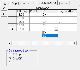 The Group Booking tab with PU options visible (in this case, CH and CO).
