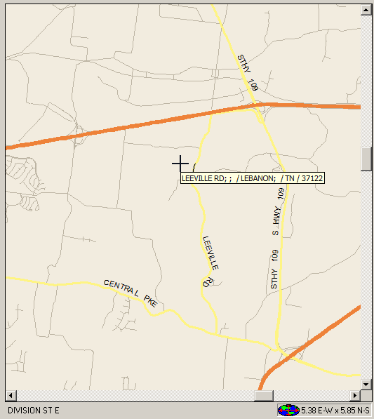 Common elements of the system map, including vertical and horizontal scroll bars, current span (5.38 E-W x 5.85 N-S), and selected street or intersection (Division St. E.)