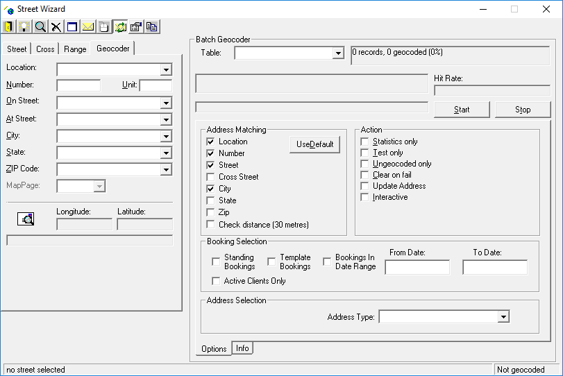 The Street Wizard dialog box is open to the Geocoder tab and the Batch Geocoder frame is visible on the right side of the box.